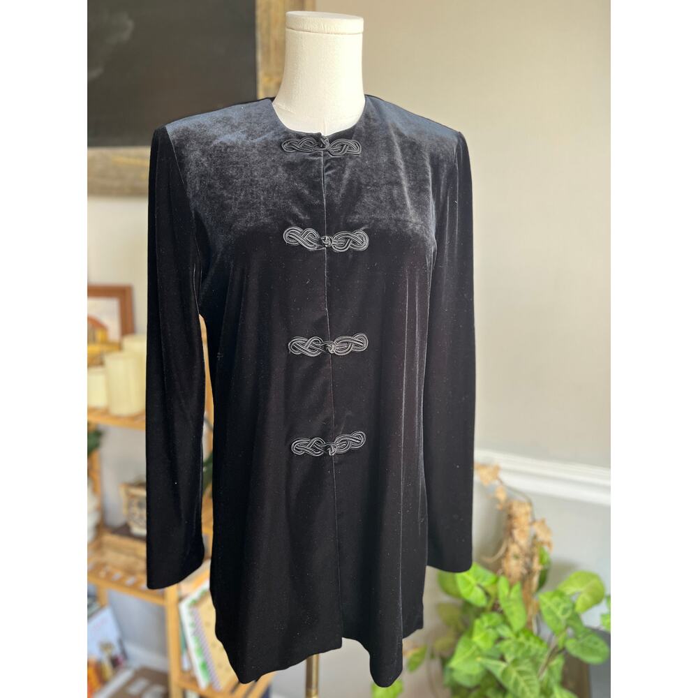 Vintage 80s Evening Jacket Black Velvet Long Tunic Frog Closure Size Small
